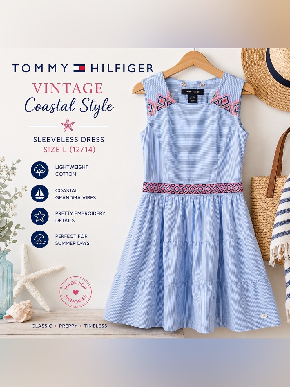 Tommy Hilfiger Girls Striped Dress L 12/14 Preppy Coastal Embroidered Cotton